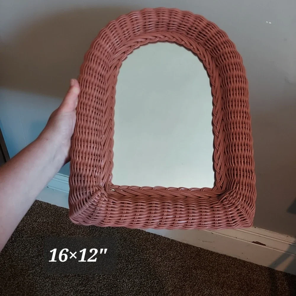 Vintage Arched Wicker Wall Mirror Woven Rattan Terracotta Pink Boho 16x12in